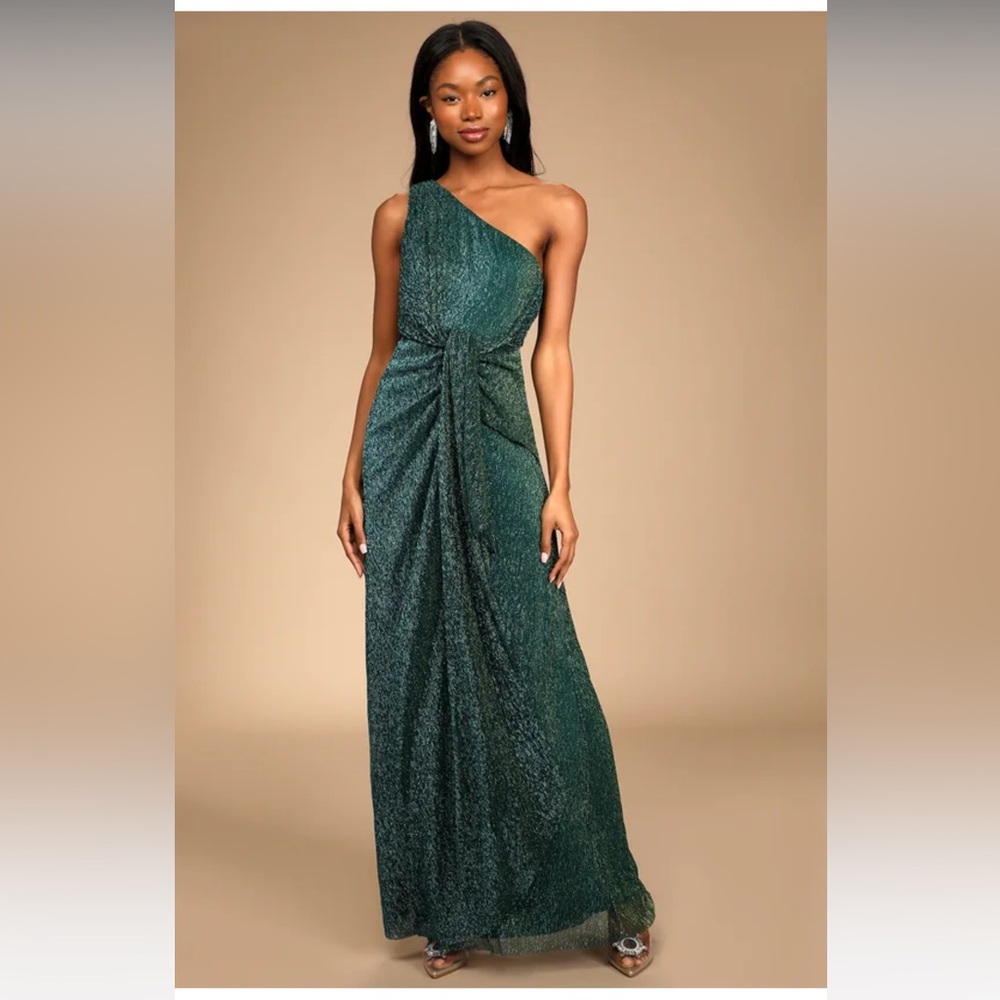 Glamorous Glitz Shiny Teal Green One-Shoulder Maxi Dress